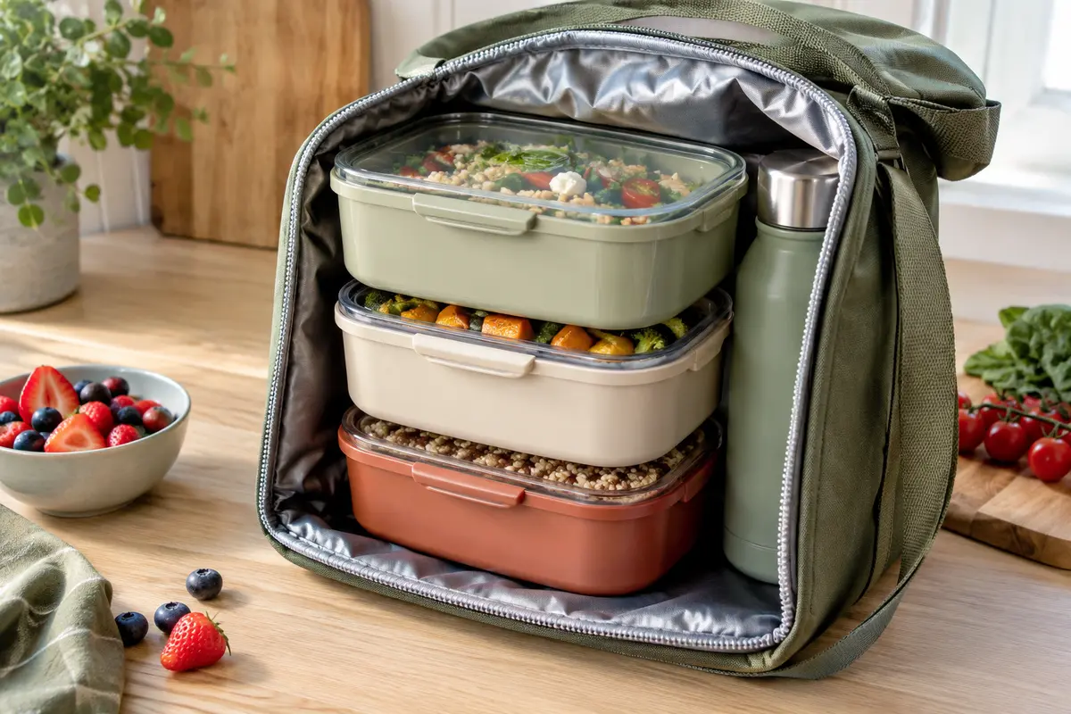 Contenants repas isothermes empilés et fermés, installés dans un sac repas ouvert