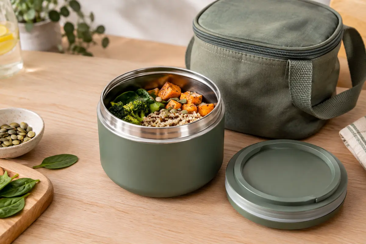 Boîte repas isotherme ouverte près de son couvercle et d’un repas, sur une table claire.