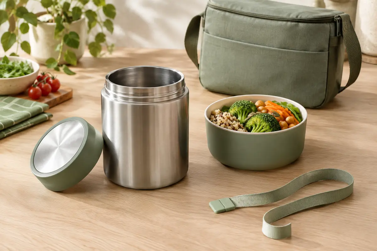 Boîte repas isotherme ouverte près d’un repas et d’un sac, pour comparer capacité et encombrement.