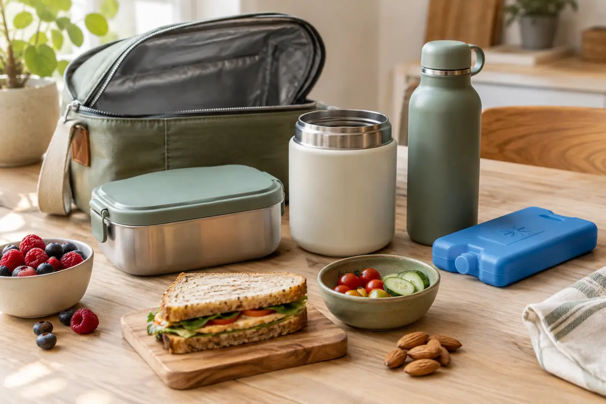Boîte repas isotherme, pot et accessoires disposés près d’un sac pour illustrer le choix du format.