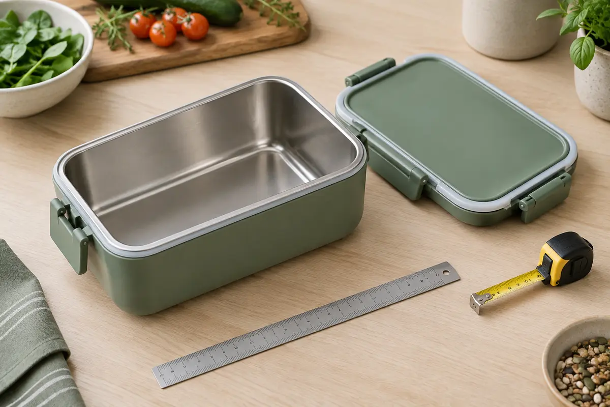 Boîte repas isotherme et couvercle séparé avec une règle pour comparer les dimensions et le profil du bord
