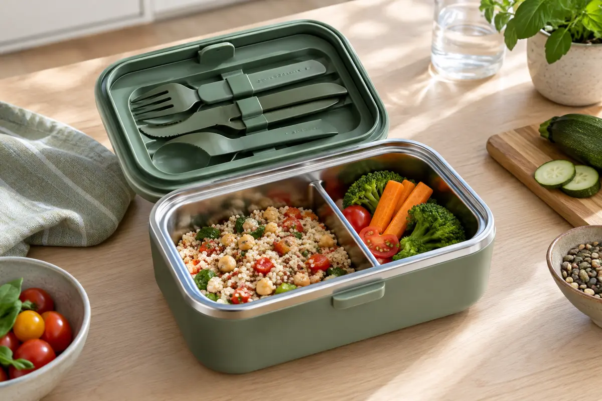 Boîte repas isotherme ouverte avec couverts rangés dans un compartiment séparé du repas
