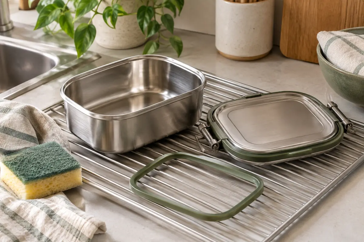 Boîte repas isotherme ouverte avec son couvercle et son joint séparés pour sécher après lavage