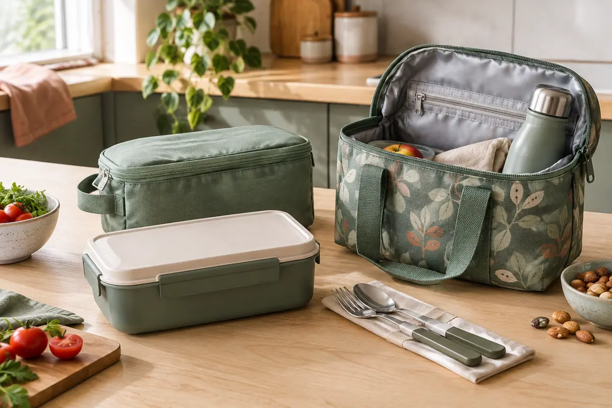 Boîte repas comparée à une housse ajustée et à un sac repas ouvert avec rangement intérieur