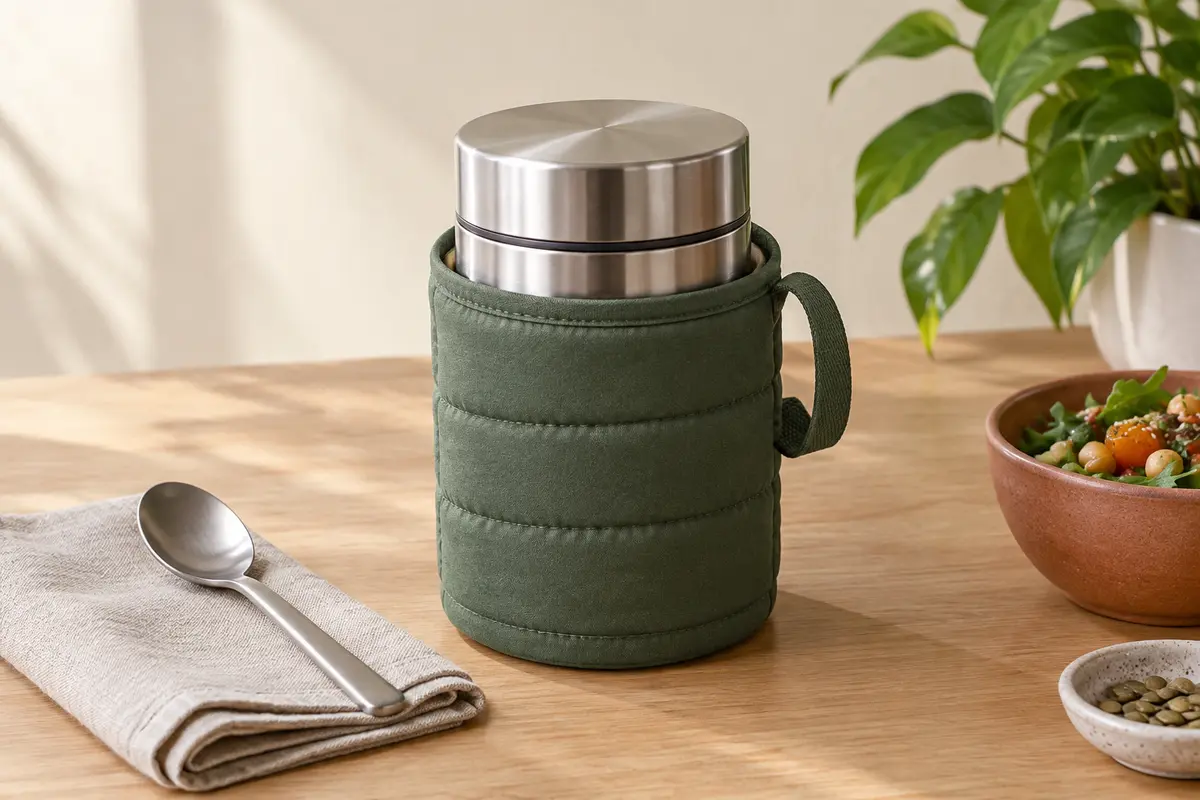 Pot repas isotherme en inox à moitié glissé dans une housse isotherme cylindrique ajustée, couvercle dégagé