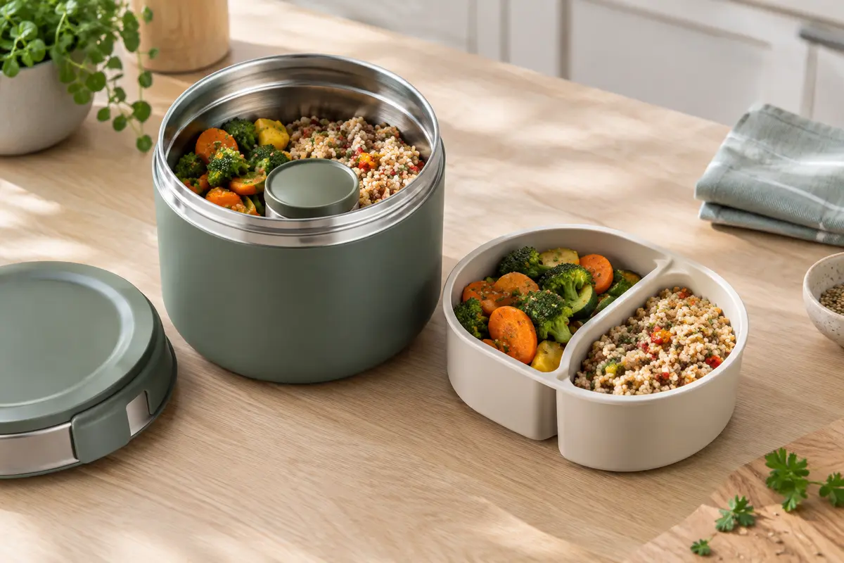 Boîte repas isotherme ouverte avec insert amovible et petit pot fermé pour la sauce