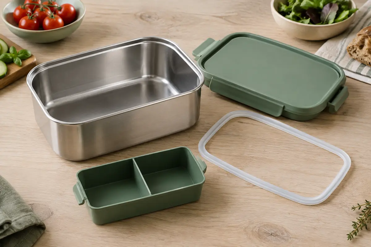 Boîte repas isotherme ouverte avec couvercle, joint et séparateur amovible disposés à côté