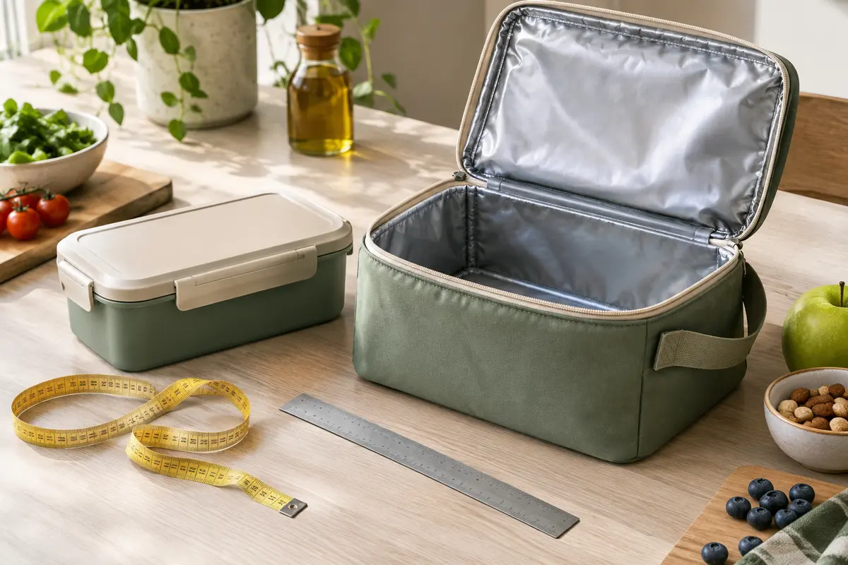 Boîte repas fermée et sac isotherme ouvert avec un mètre pour comparer leurs dimensions utiles.