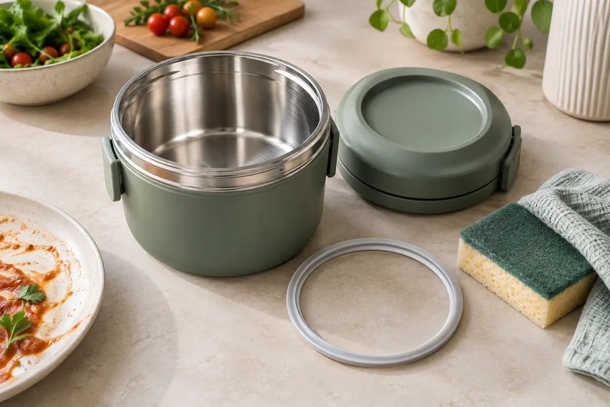 Boîte repas isotherme ouverte avec son couvercle et son joint séparés pour un nettoyage doux