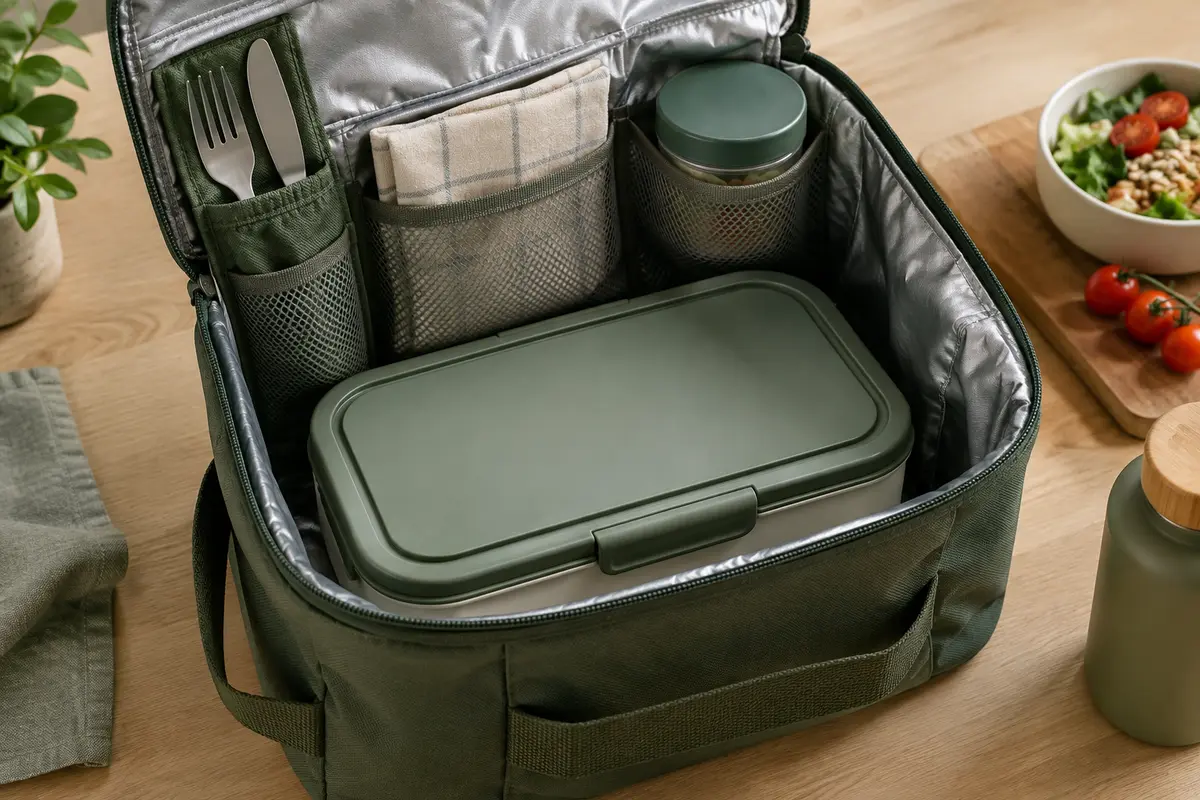Sac isotherme ouvert avec boîte repas calée et couverts rangés séparément dans une poche intérieure.