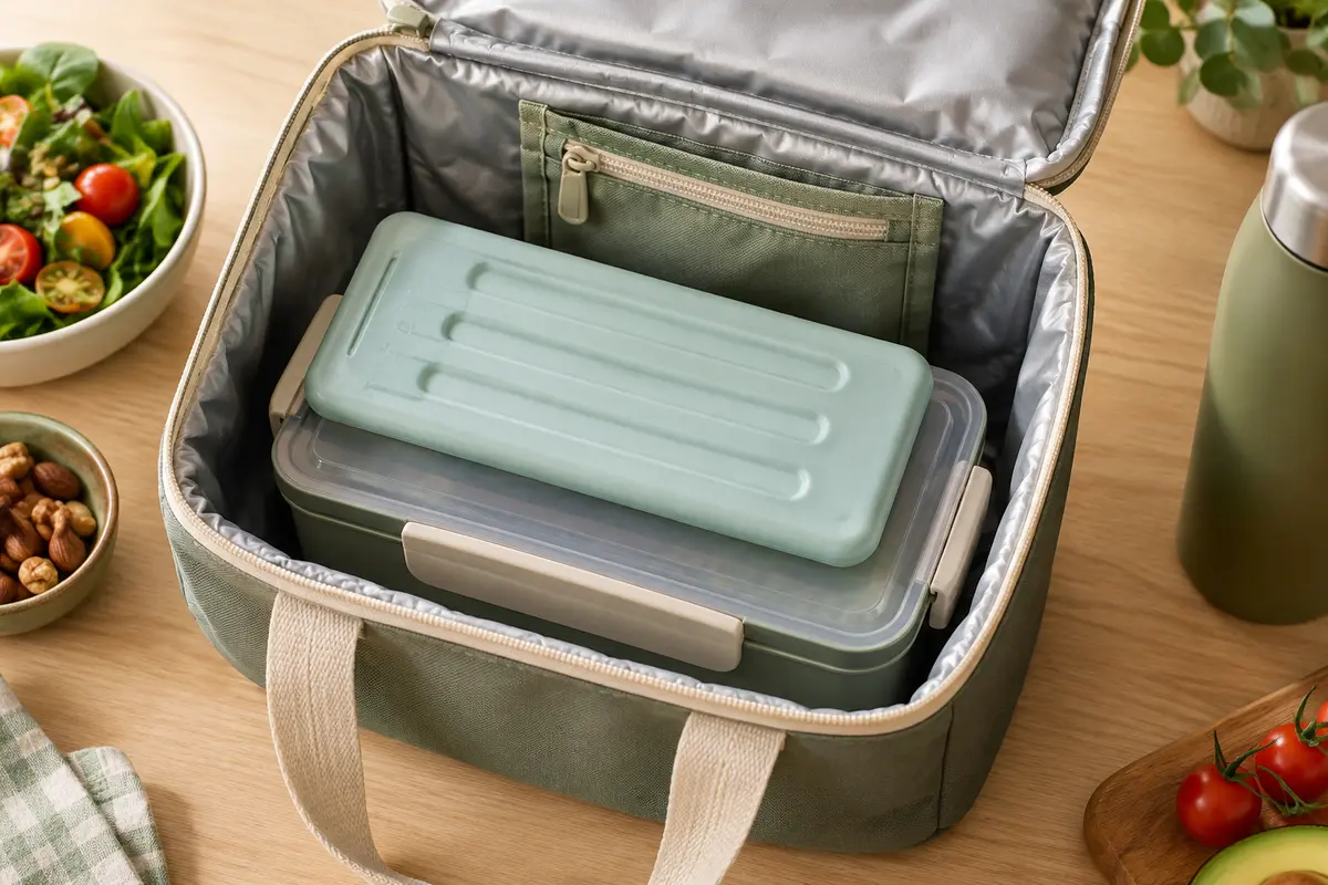 Sac isotherme ouvert avec boîte repas fermée et accumulateur de froid fin posé à plat au-dessus