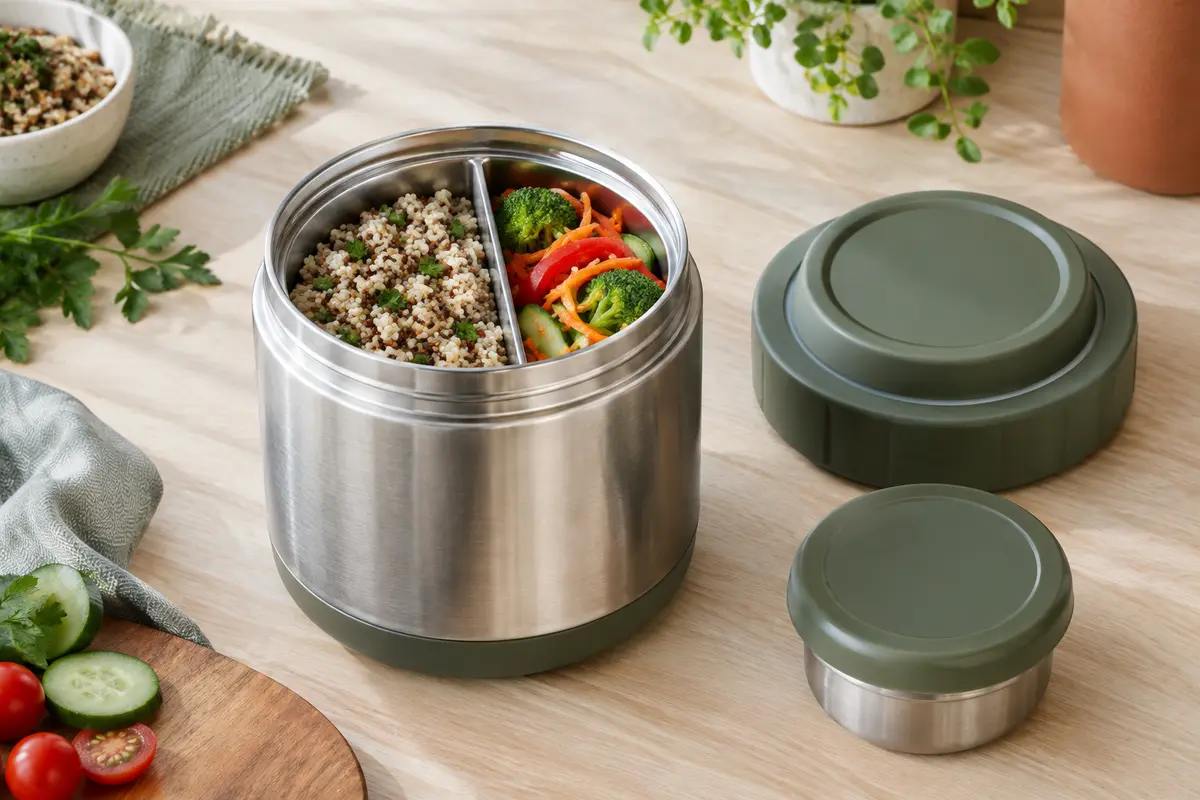 Pot repas isotherme ouvert avec insert séparant un plat et une garniture, couvercle et récipient de sauce à côté.