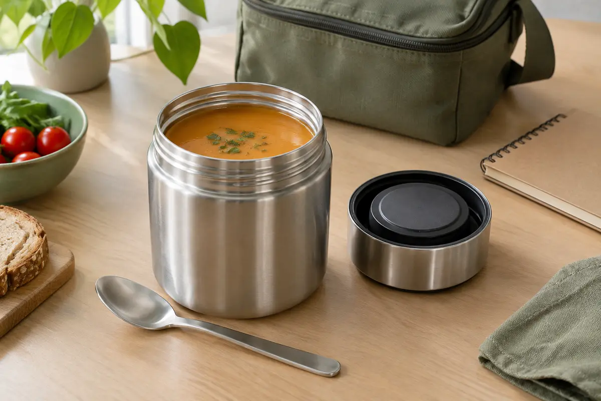 Pot repas isotherme ouvert contenant une soupe, avec son couvercle et une cuillère posés sur un bureau.