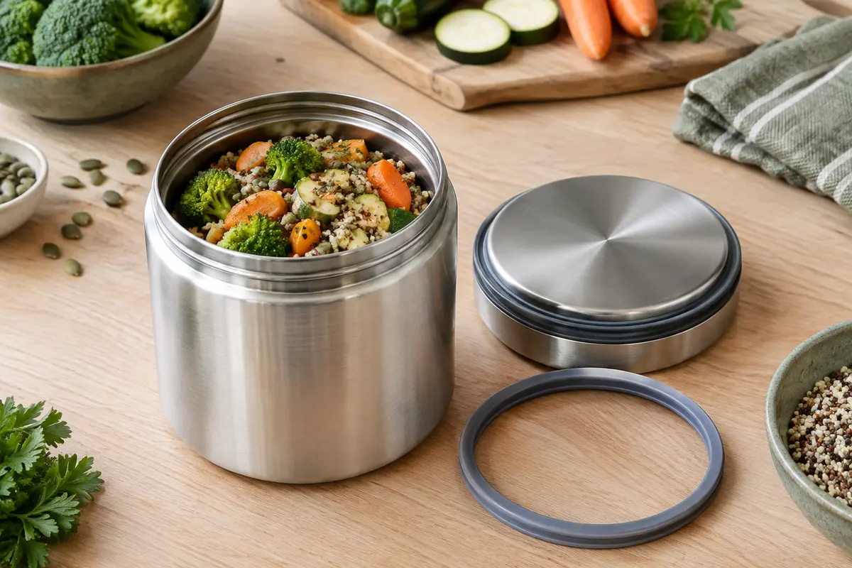 Boîte repas isotherme ouverte avec son couvercle et son joint posés à côté avant le remplissage