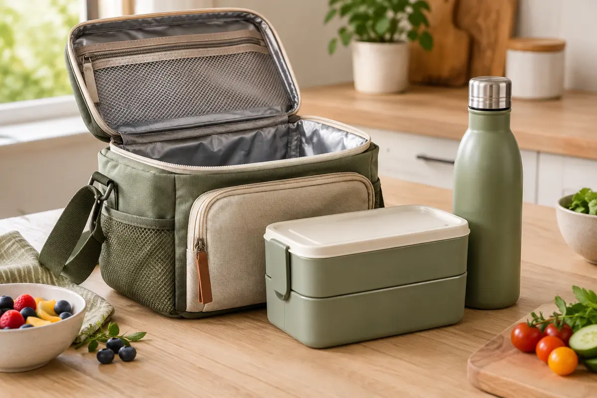 Sac isotherme ouvert contenant une boîte repas large et une gourde rangées côte à côte