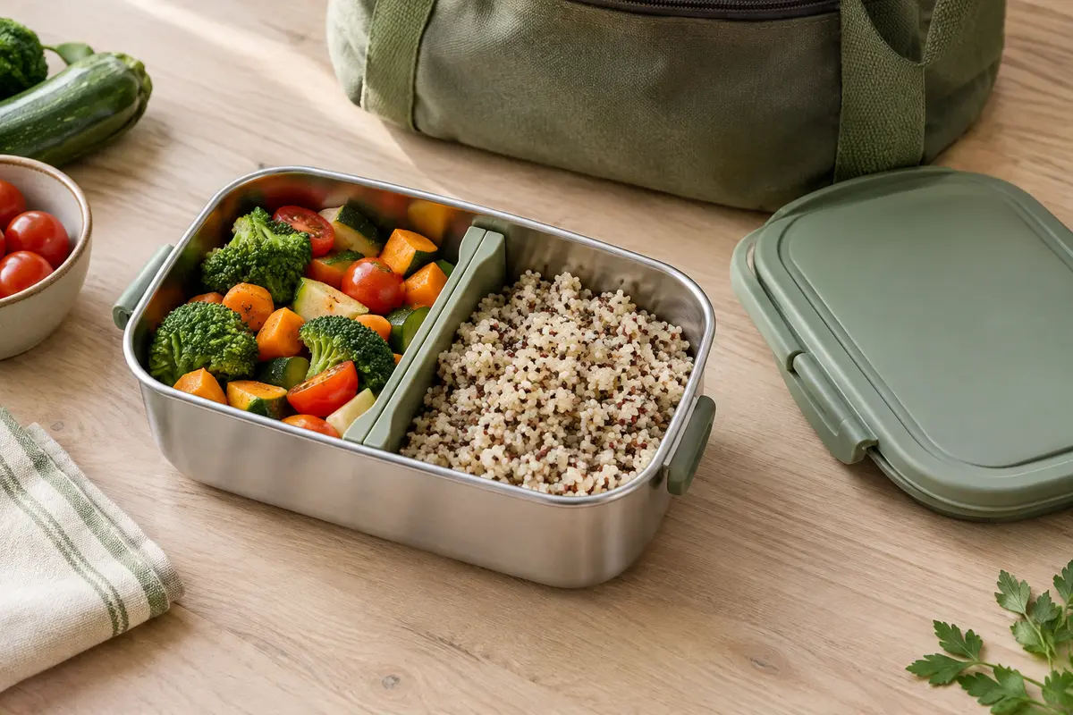 Boîte repas ouverte avec séparateur amovible en place entre deux portions d’aliments solides