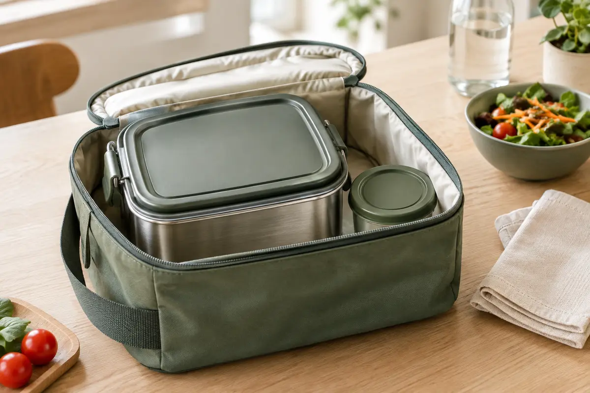 Boîte repas isotherme maintenue à la verticale dans un sac repas ouvert, avec une sauce rangée à part.