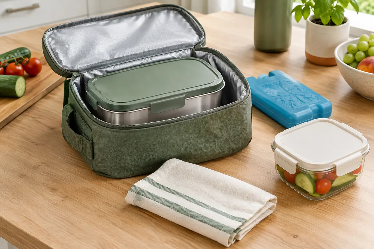 Boîte repas et accumulateur de froid rangés dans un sac isotherme avant un trajet estival