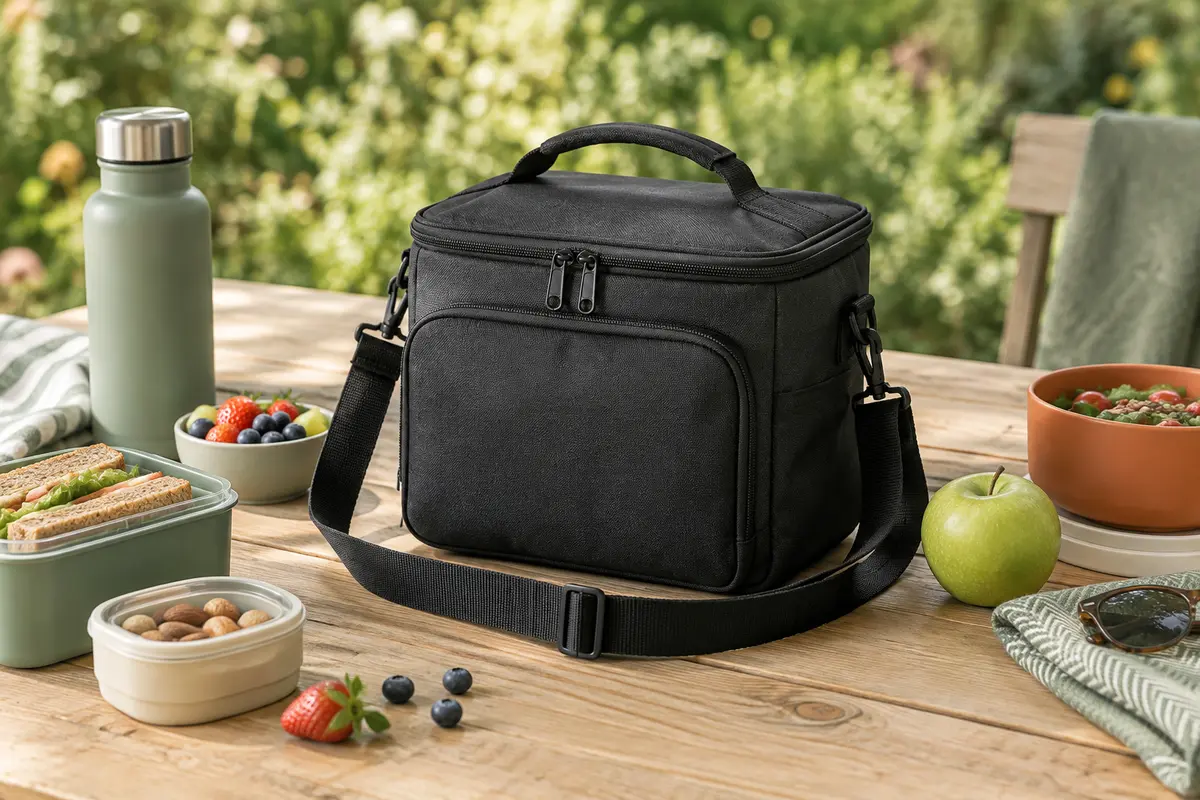 Sac repas isotherme noir avec sangle, posé sur une table en bois clair près de quelques aliments