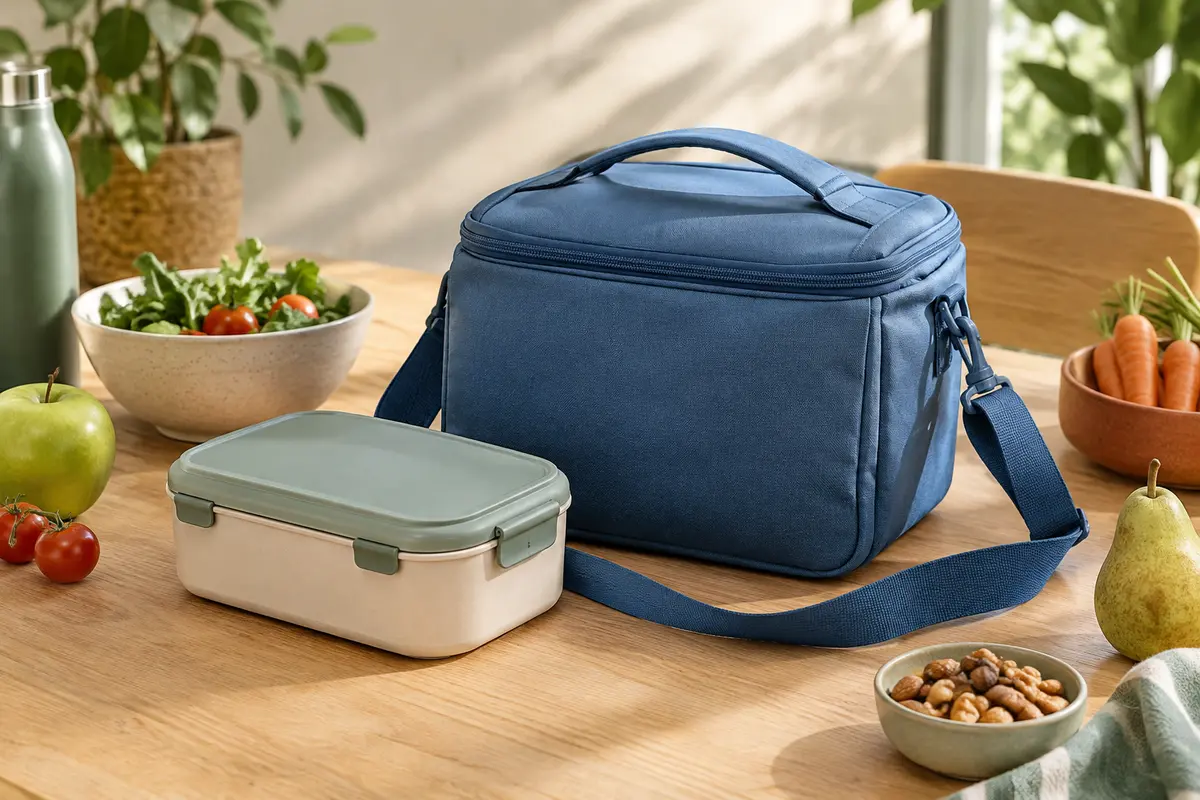 Sac repas isotherme bleu en tissu Oxford posé sur une table en bois clair avec un déjeuner