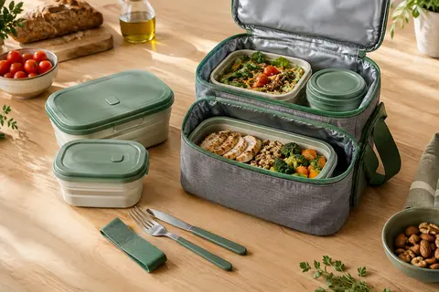 Sac repas isotherme gris et vert à deux compartiments, avec boîtes pliables et couverts sur une table.