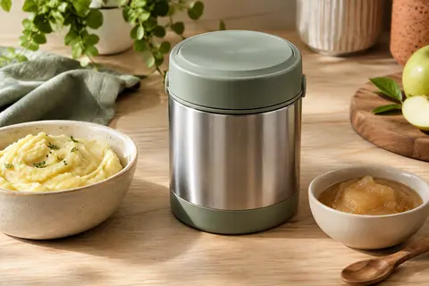 Pot repas isotherme Béaba en inox gris minéral et vert sauge, posé près d’une purée et d’une compote.