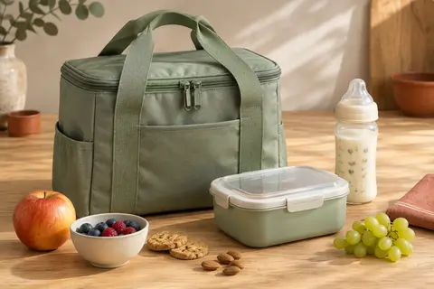 Sac repas isotherme souple vert sauge avec poignées larges et poche extérieure, posé sur une table en bois.