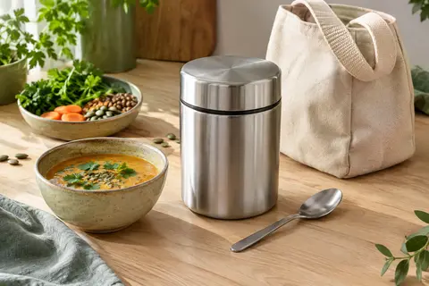 Pot repas isotherme en inox avec cuillère et sac en coton posé sur une table en bois clair