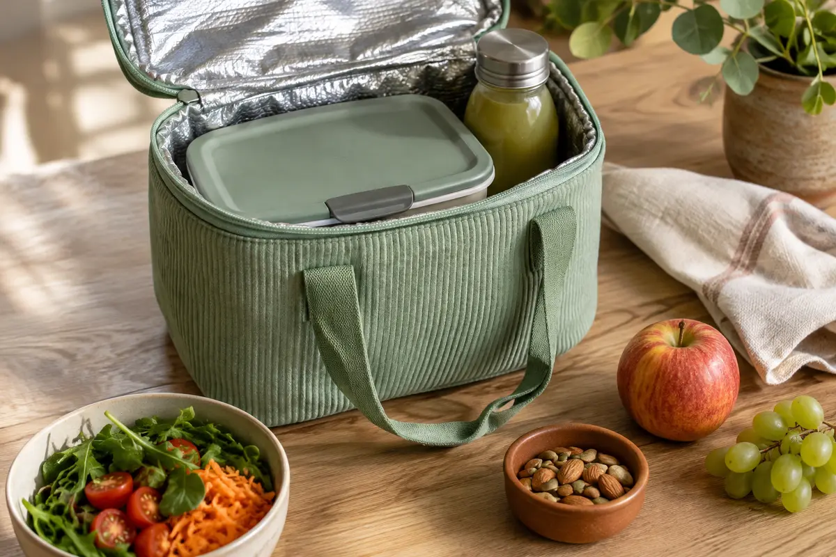 Sac repas isotherme vert menthe ouvert, avec doublure aluminium et boîte repas sur une table