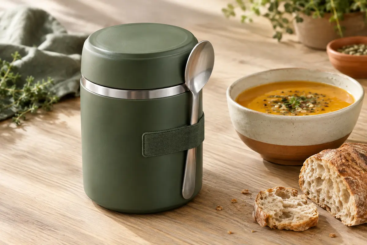 Pot repas isotherme vert mousse à large ouverture, avec couvercle et cuillère fixée par une bande élastique.