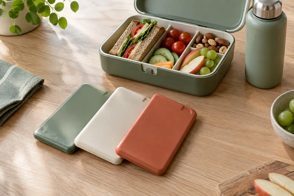 Trois packs de froid extra-plats disposés près d’une boîte repas ouverte sur une table claire