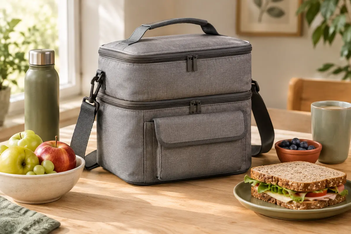 Sac repas isotherme gris à deux compartiments, posé sur une table avec un sandwich et des fruits.