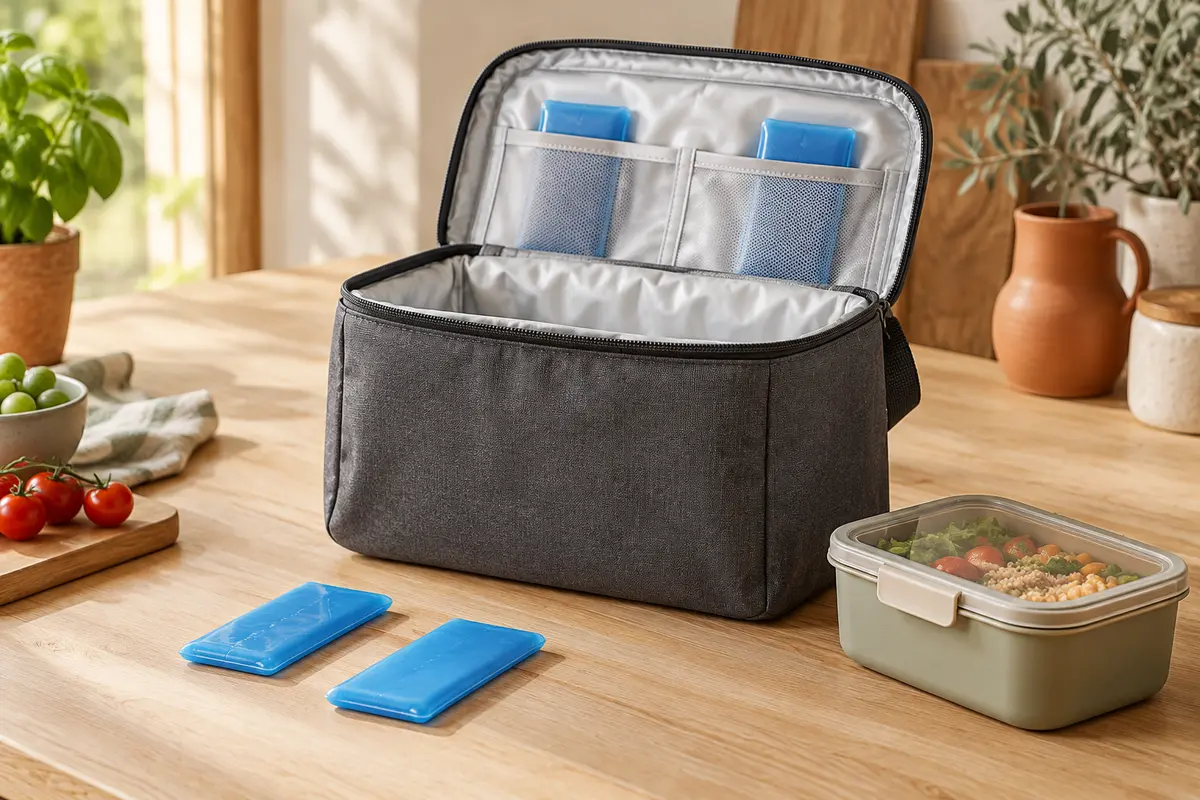 Sac repas isotherme souple gris foncé ouvert sur une table en bois clair, avec quatre blocs réfrigérants bleus et un petit contenant de déjeuner.