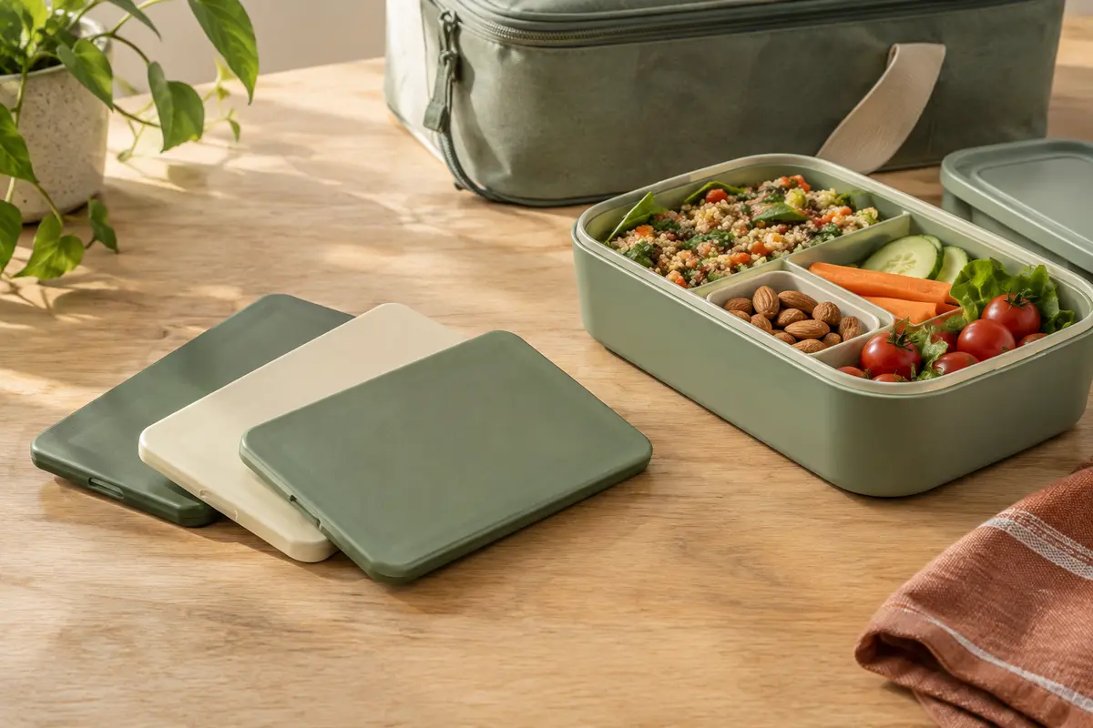 Trois blocs réfrigérants plats près d’une boîte repas et d’un sac isotherme