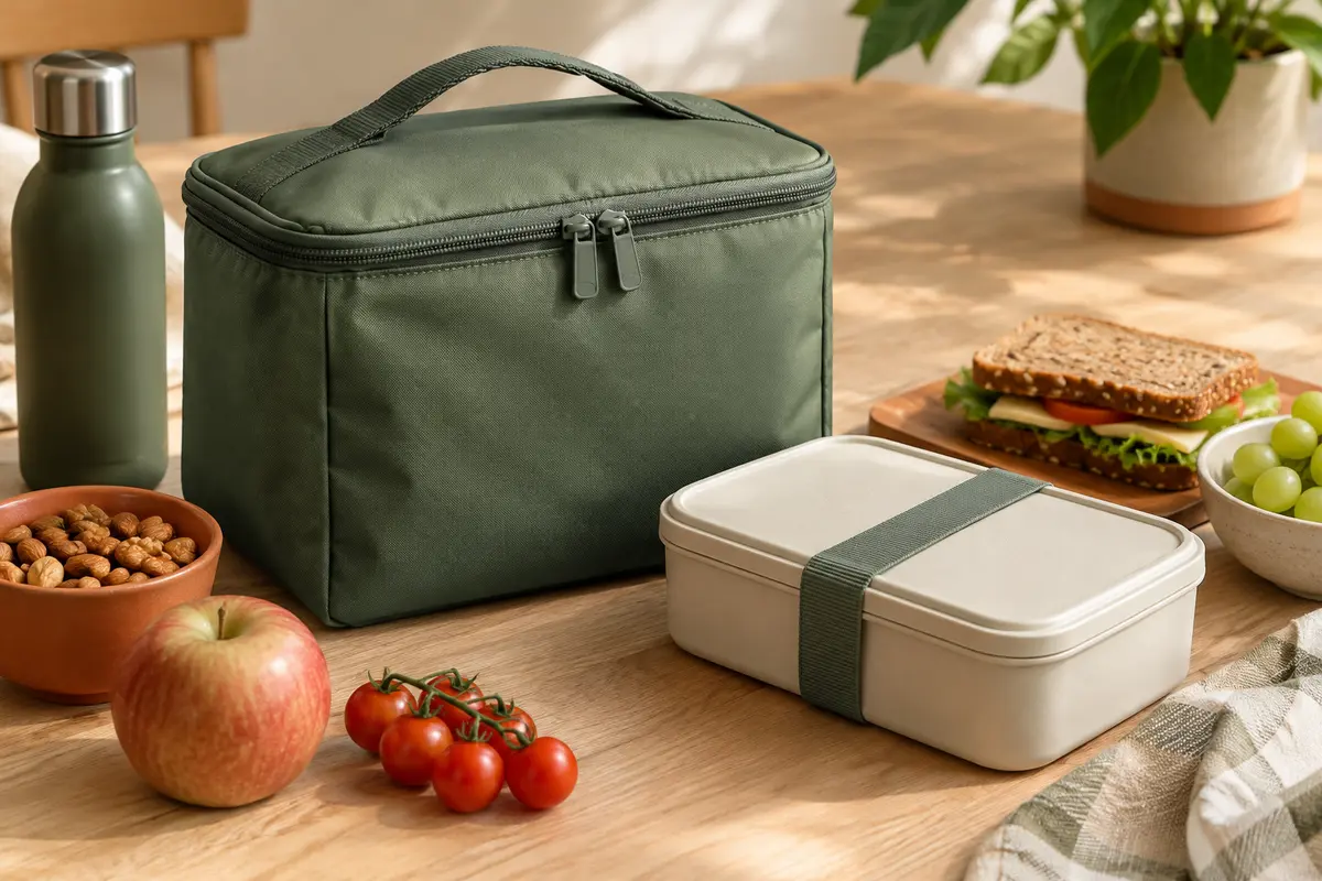 Sac repas isotherme vert en nylon posé sur une table en bois clair avec une boîte repas et des aliments.