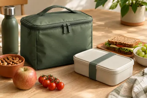 Sac repas isotherme vert en nylon posé sur une table en bois clair avec une boîte repas et des aliments.