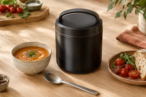 Boîte repas isotherme ronde noire avec poignée, posée près d’une cuillère et d’un repas sur une table