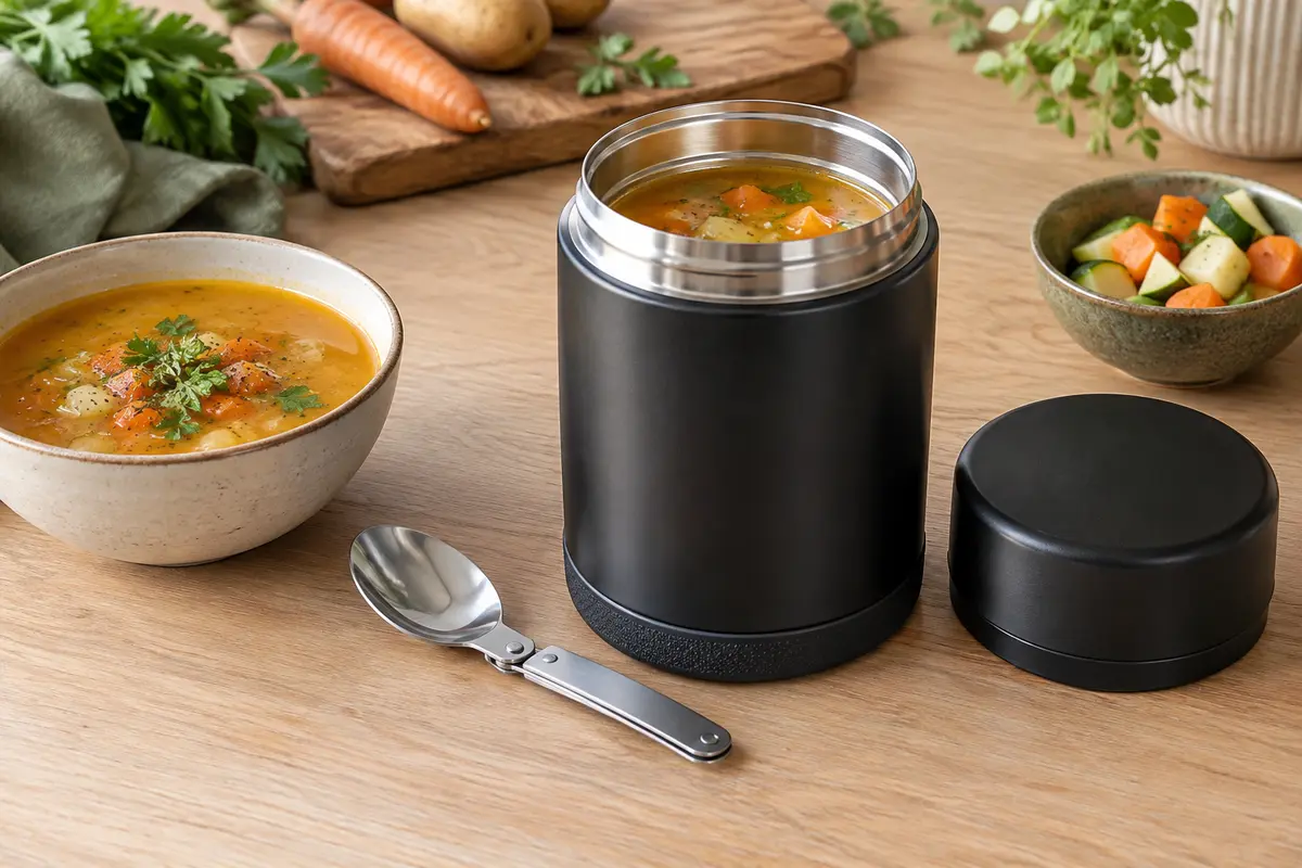 Pot repas isotherme noir en acier inoxydable présenté ouvert avec sa cuillère pliante et un bol de soupe.
