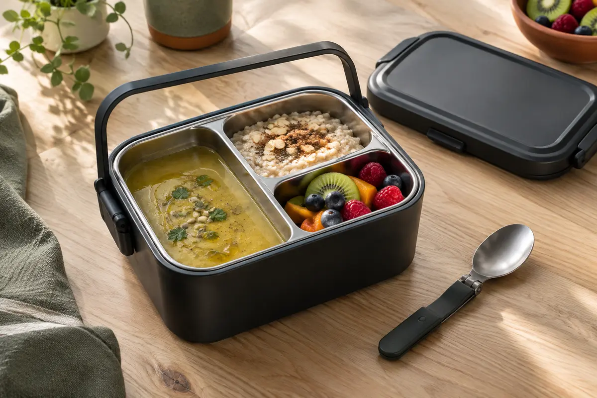 Boîte repas isotherme noire à compartiments et cuillère pliante posées sur une table en bois clair.