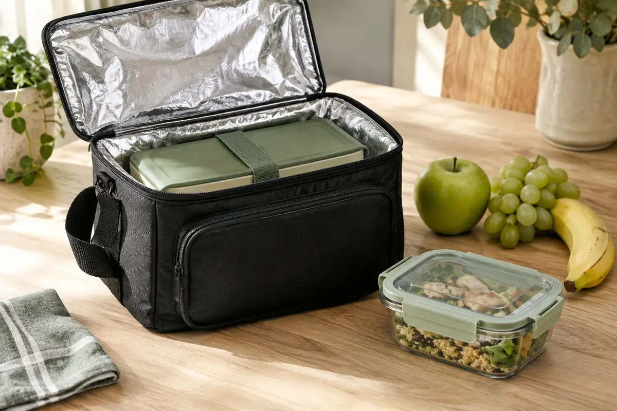 Sac repas isotherme noir ouvert, avec doublure argentée, posé sur une table en bois clair près d’un déjeuner.
