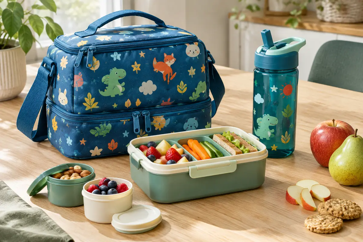 Sac repas isotherme bleu à deux niveaux accompagné d’un bento compartimenté et d’une gourde à paille