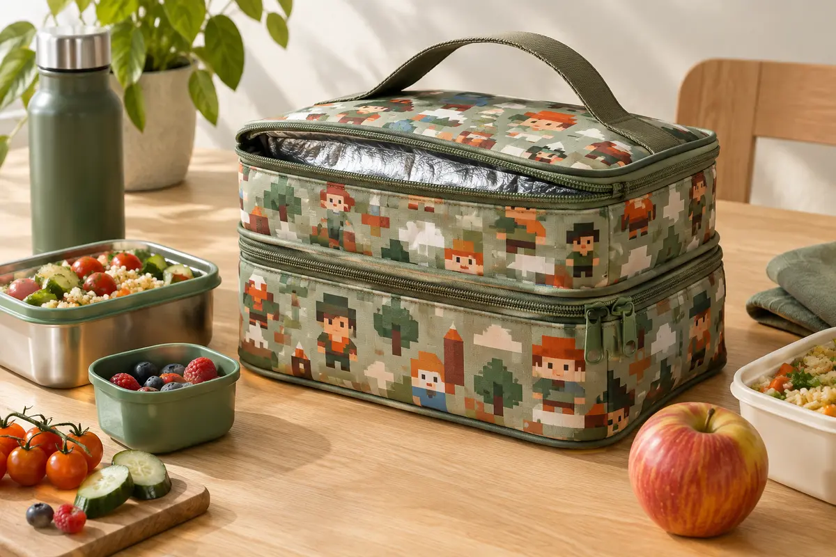Sac repas isotherme à deux compartiments avec motifs Minecraft, posé sur une table avec un déjeuner.