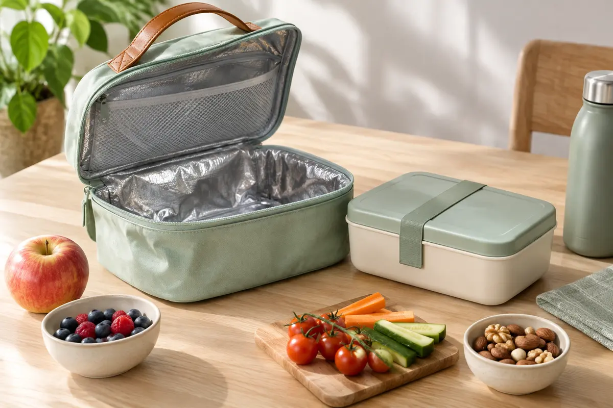 Petit sac repas isotherme vert menthe ouvert, avec doublure argentée et poche filet intérieure.