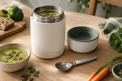 Bocal repas isotherme blanc avec couvercle-bol et cuillère, présenté avec une soupe sur une table en bois clair