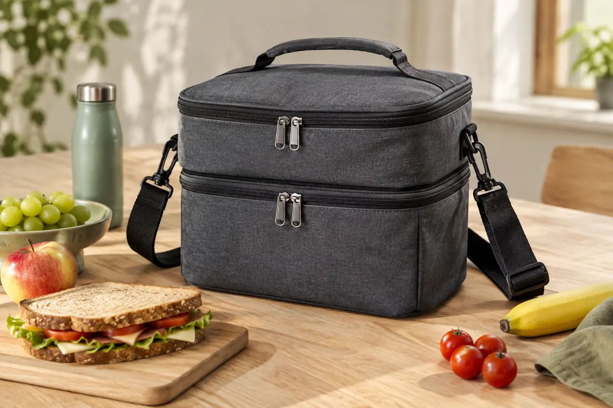 Sac repas isotherme gris foncé à deux compartiments posé sur une table en bois clair avec des aliments.