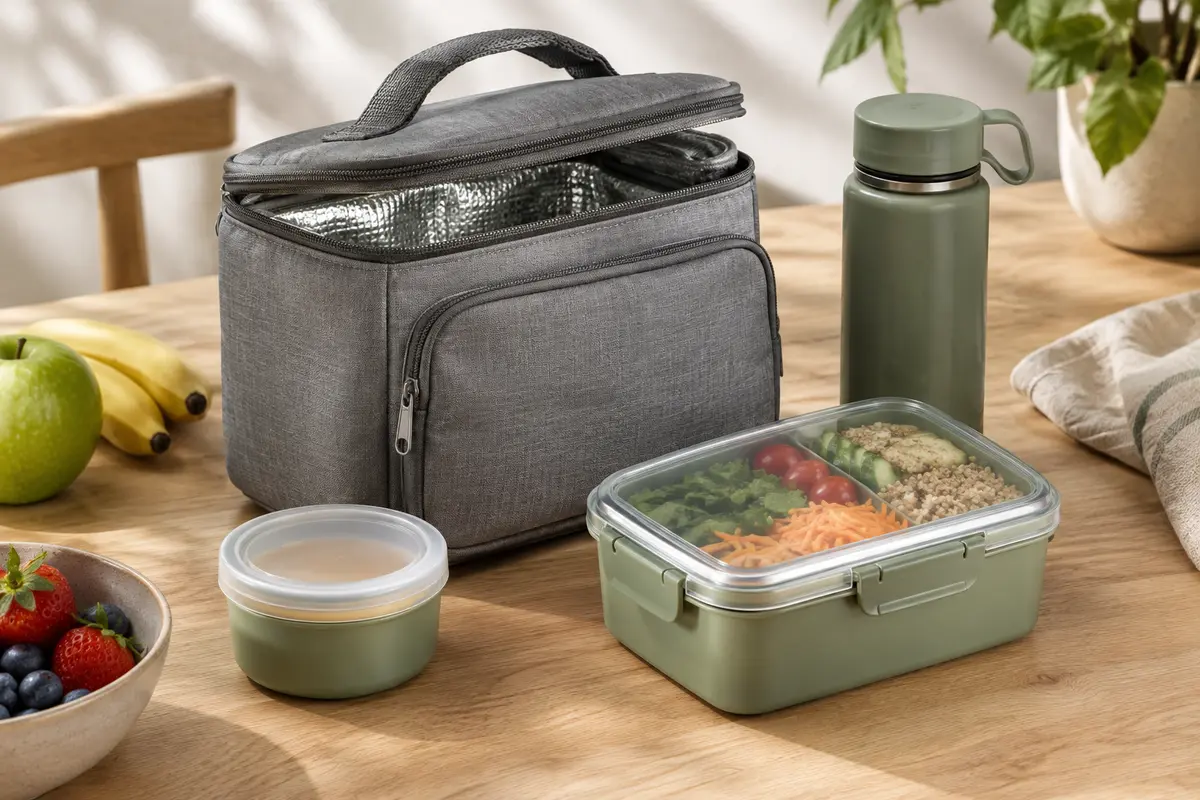 Sac repas isotherme gris à poignée et poche avant, ouvert sur sa doublure argentée, posé avec des aliments.