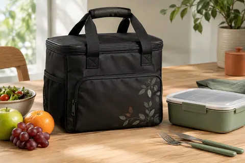 Sac isotherme repas noir Homespon Classic 2 posé sur une table en bois avec une boîte repas et des fruits.