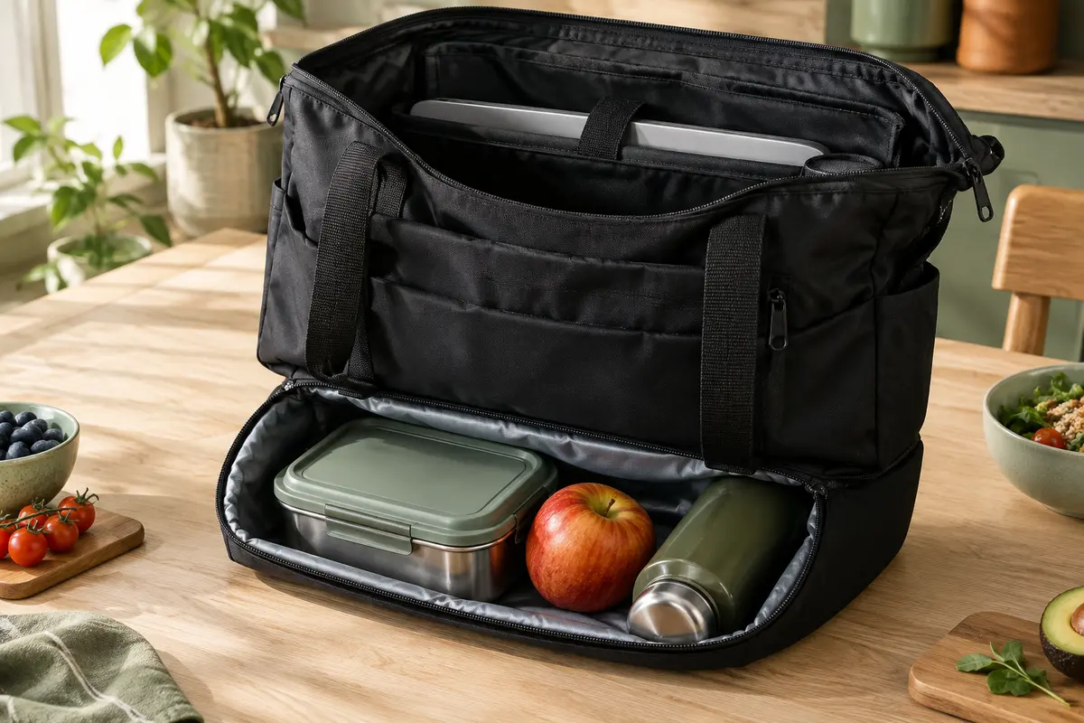 Sac fourre-tout noir ouvert avec compartiment repas inférieur, boîte repas et espace de rangement supérieur