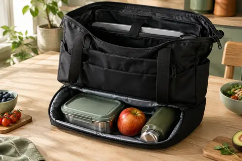 Sac fourre-tout noir ouvert avec compartiment repas inférieur, boîte repas et espace de rangement supérieur