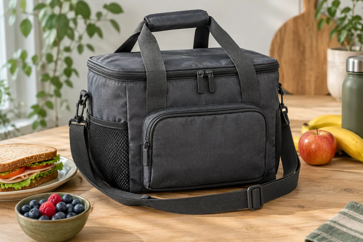 Sac isotherme repas Lifewit de 9 L avec poignées, bandoulière et poches, posé près d’un déjeuner.